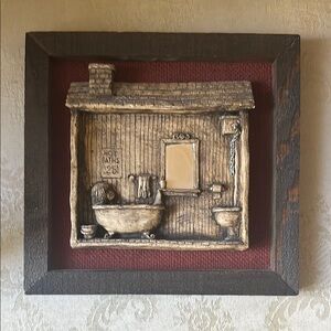 1960s resin on wood bathroom art featuring claw tub, pull chain toilet